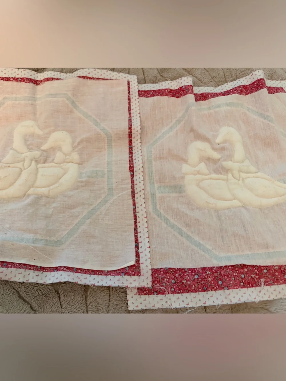 Set of 2 Vintage 1980s Cranston VIP Puff Applique 3D Country Geese Placemats DIY